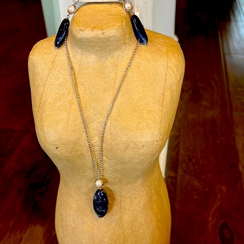Genuine Sodalite and pearl accent necklace and earring set, sterling silver